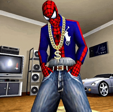 a man in a spiderman costume is standing in a room with his hands in his pockets