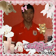 a man in a red nike shirt is surrounded by stuffed animals and candles in a picmix frame