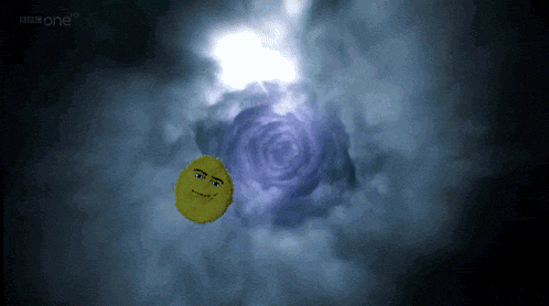 a yellow smiley face is in the middle of a cloudy sky with bbc one written on the bottom right