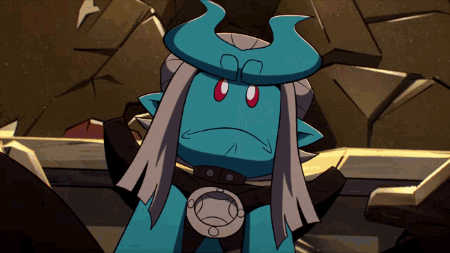 a cartoon character with horns and long hair looks angry