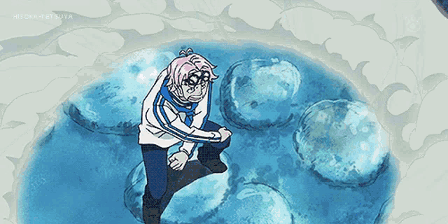 a cartoon of a man surrounded by blue bubbles with the name hisoka tetsuya on the bottom right