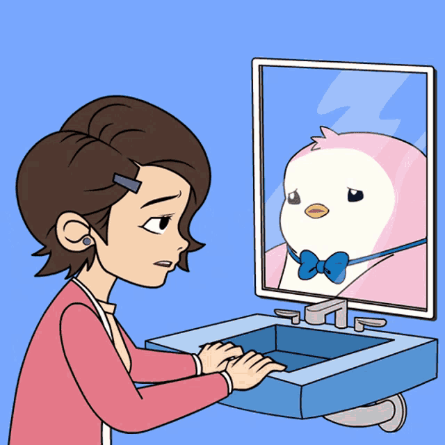 a cartoon of a girl looking at herself in the mirror