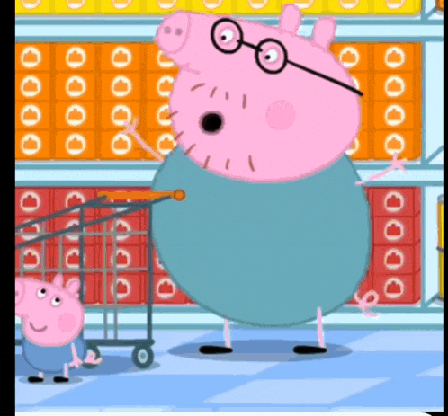 a cartoon of a pig wearing glasses standing next to a little pig