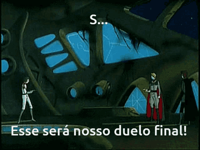 a man in a red cape is standing in front of a building with the words " esse sera nosso duelo final "