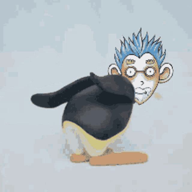 a cartoon of a penguin with a monkey face on it