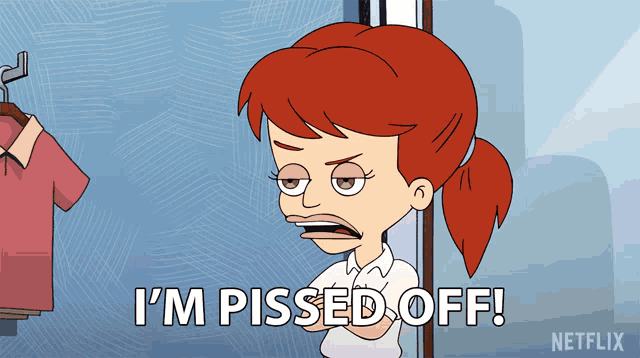 a cartoon girl says i 'm pissed off in front of a clothes rack