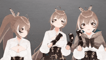 three anime girls are standing next to each other with one wearing a white shirt