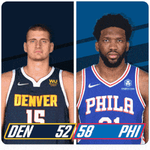 two basketball players from denver and philadelphia are standing next to each other