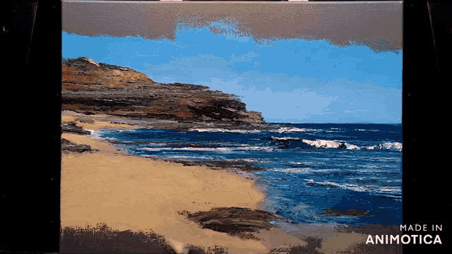 a painting of a beach with the words made in animotica below it