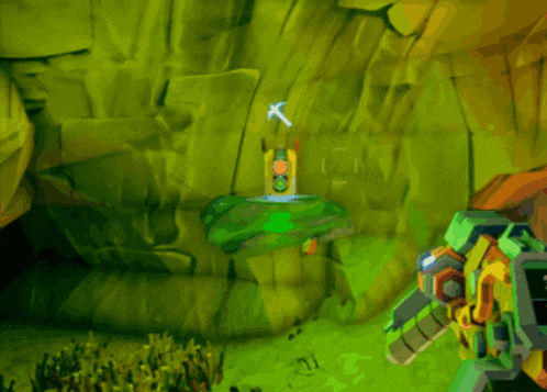 a video game character is standing in front of a green object that says " pick up "