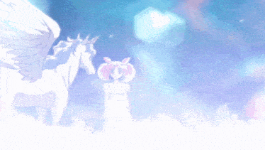 a girl standing next to a white unicorn with wings