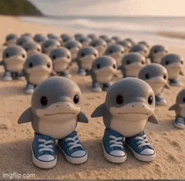 a group of dolphins wearing blue sneakers on the beach
