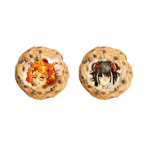 a cookie with a picture of a girl on it is next to another cookie with a picture of a girl on it