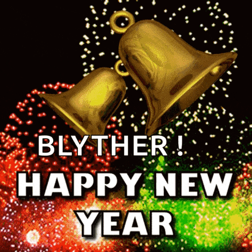 a happy new year greeting card with a bell and fireworks