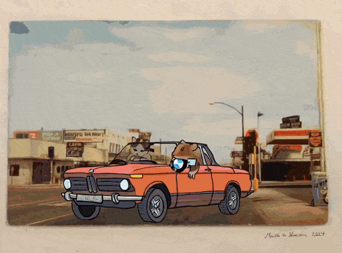 a drawing of a cat and a hamster in a car with the year 2014 on the bottom