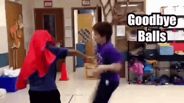 two children are dancing in a hallway with the words goodbye balls written on the bottom