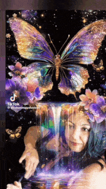 a woman is standing in front of a waterfall and a butterfly