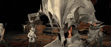 a group of people standing in front of a giant monster in a video game