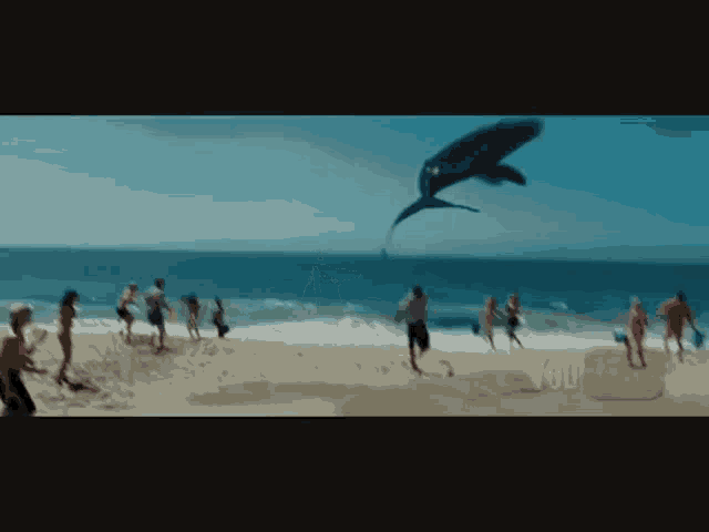 a whale kite is flying over a beach with people