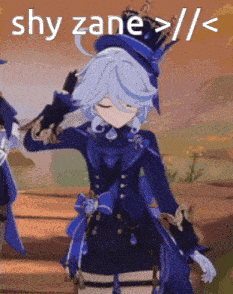 a cartoon character is wearing a blue outfit and a blue hat with the words shy zane > / > written on the bottom