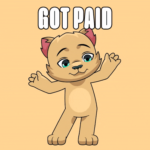 a cat with its arms outstretched and the words got paid behind it