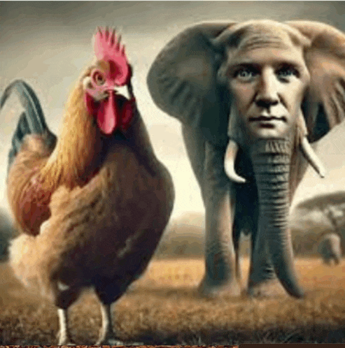 a chicken and an elephant with a man 's face on their trunks