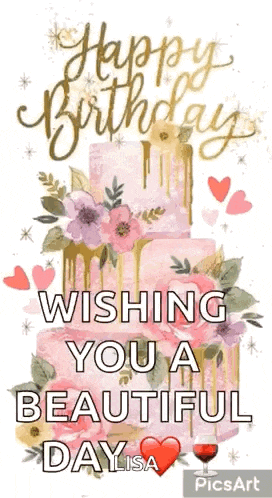 a happy birthday card with a pink cake and flowers on it .