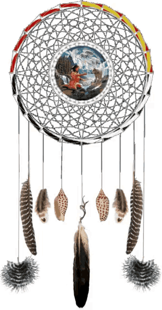 a dream catcher with feathers and a picture of a native american on it