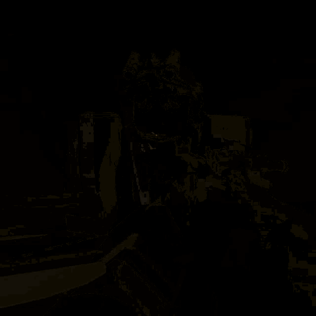 a video game character is sitting in a dark room with a gun