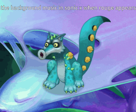 a cartoon drawing of a blue monster with the words the background music in sonic x when rouge appears