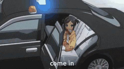 a little girl is sitting in the back seat of a car with the words come in written above her