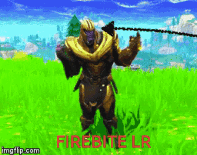a video game character is standing in a grassy field with the words firebite lr above him