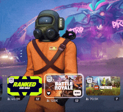 a man wearing a gas mask is standing in front of a purple background with a purple sign that says epic games