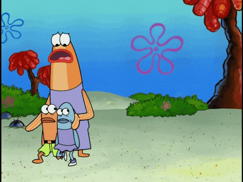 a cartoon scene with a spongebob character and a flower in the background
