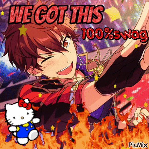 a picture of a hello kitty and a boy with the words we got this 100 % swag