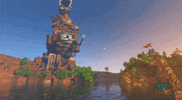 a minecraft scene with a tower with a skull and crossbones on it