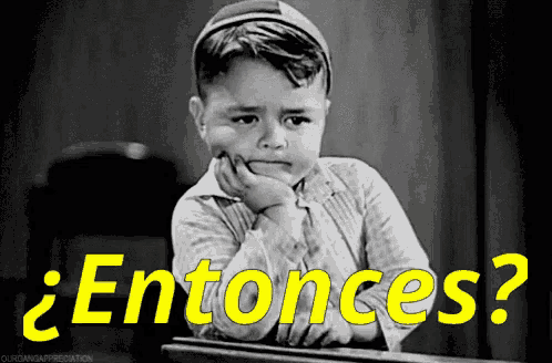 a black and white photo of a boy with the words " entonces " in yellow