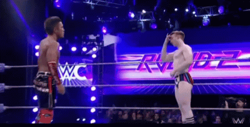 two wrestlers are standing in a wrestling ring with a wc logo in the background .
