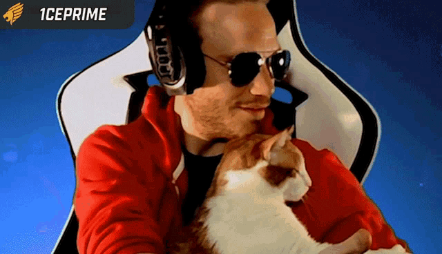 a man wearing headphones and sunglasses holds a cat in front of an iceprime logo