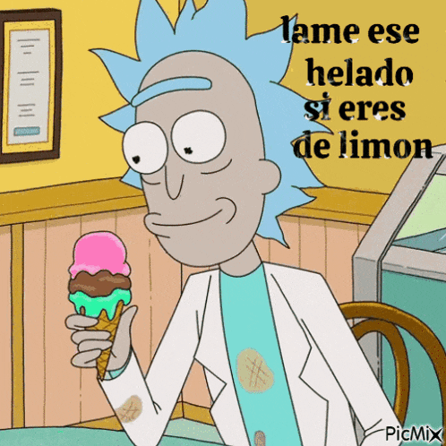 rick from rick and morty is holding an ice cream cone and says lame ese helado si eres de limon