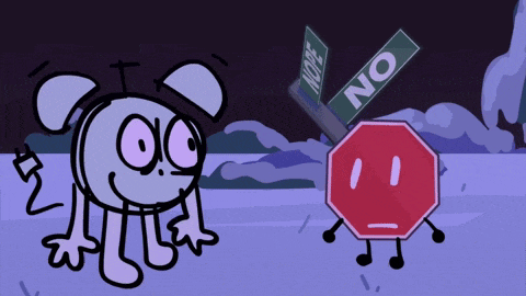 a cartoon character standing next to a stop sign and a sign that says no