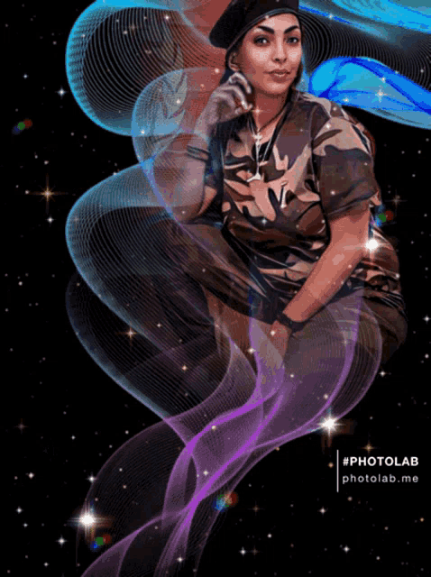 a woman in a camouflage shirt is surrounded by purple swirls and stars