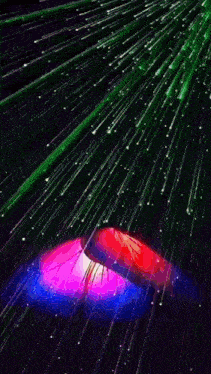 a red sphere with a white center is surrounded by red rays .