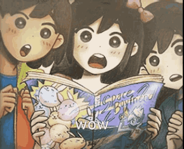 a group of children are reading a book called space boyfriend .