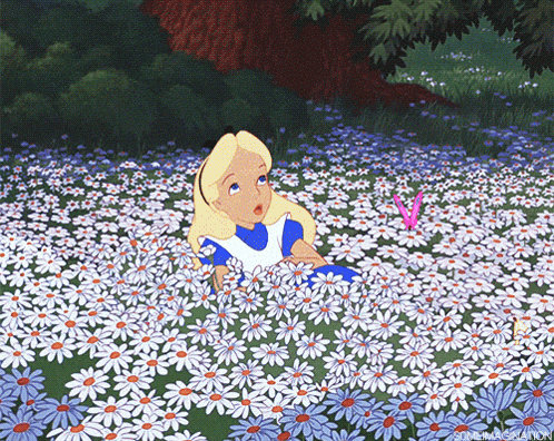 alice in wonderland is laying in a field of flowers