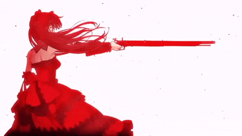 a girl in a red dress is holding a sword