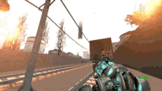 a screenshot of a video game shows a person holding a gun in front of a truck