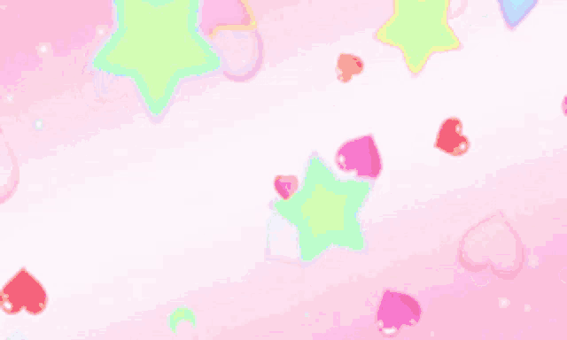 a pink heart is surrounded by hearts , stars , and a crescent moon on a pink background .