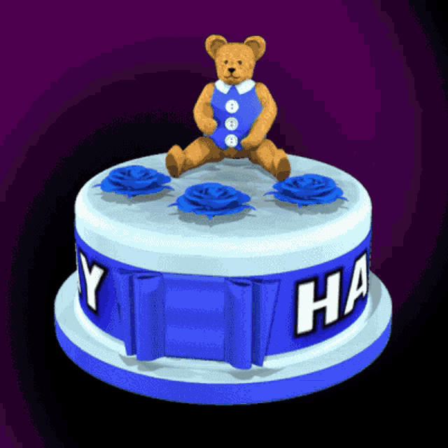 a teddy bear sits on top of a blue and white cake that says happy birthday