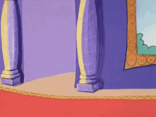 a cartoon scene with purple columns and a picture on the wall .